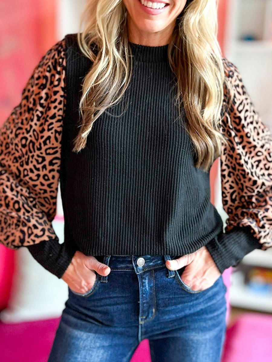 Chic Leopard Print Knitted Long-Sleeve Sweater