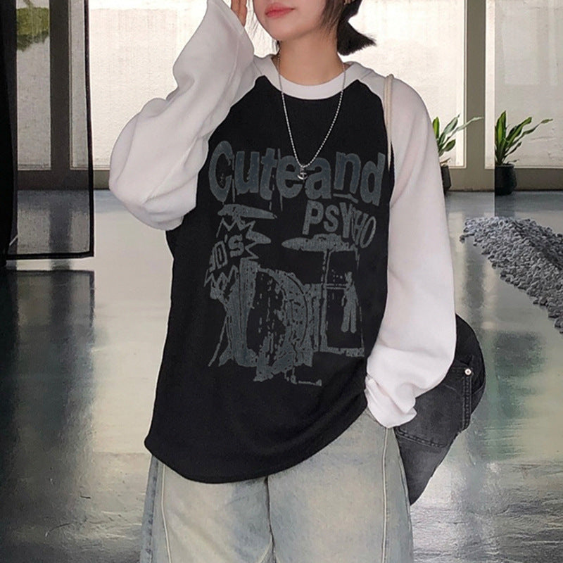 Retro Contrast Color Printed Casual Pullover Sweater