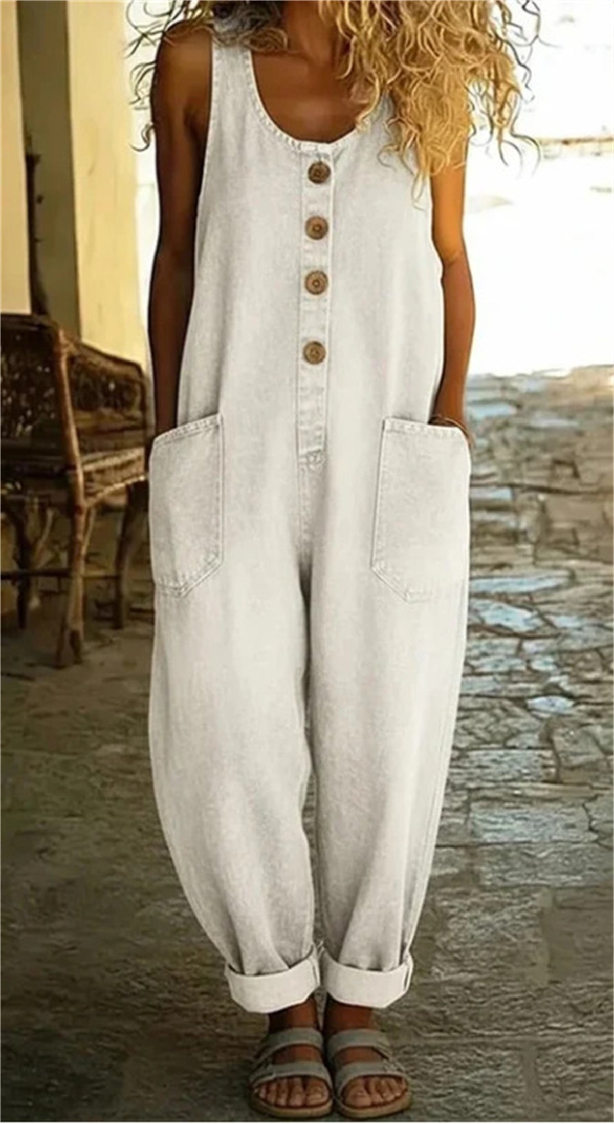 Womens Sleeveless Pocket Denim Jumpsuit