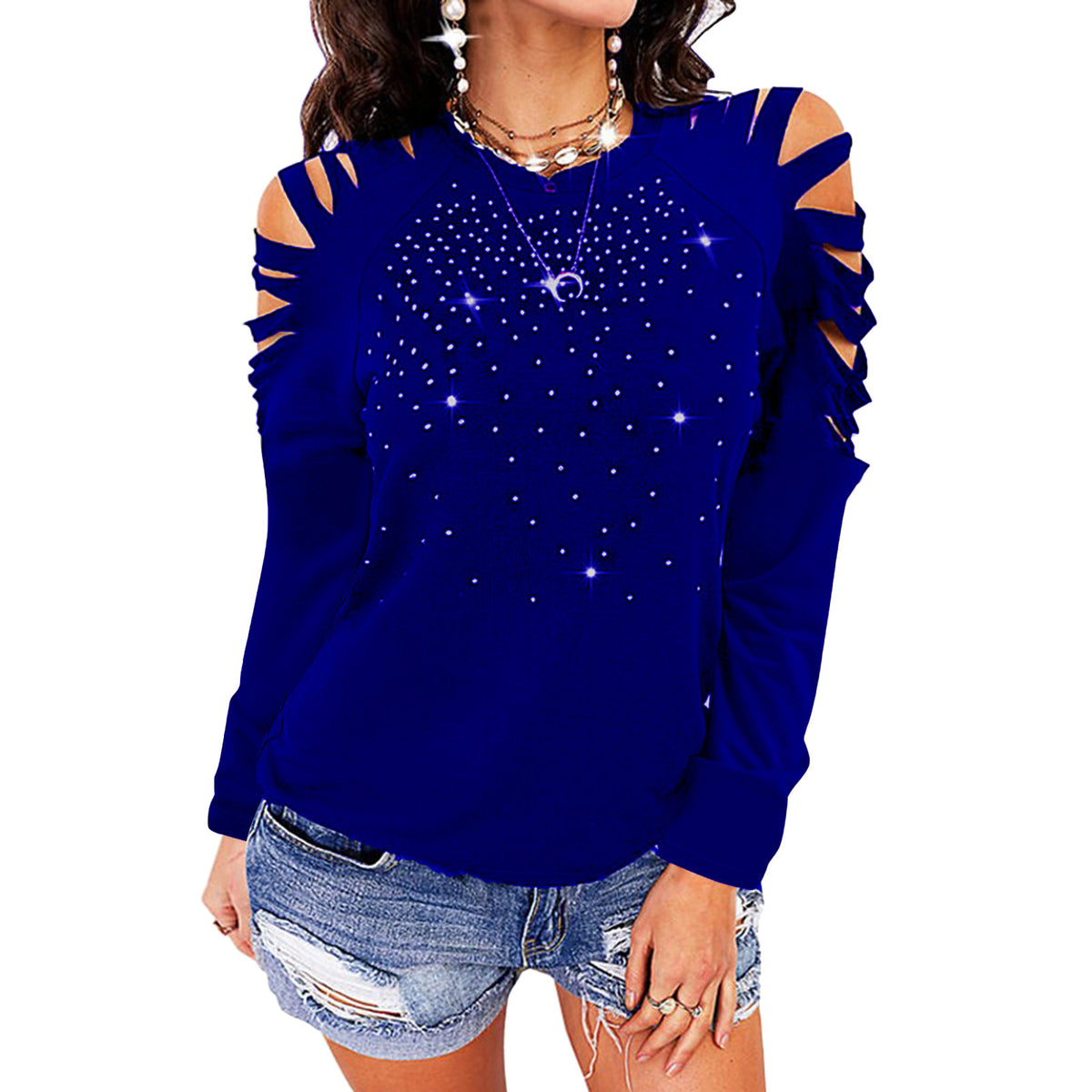 New Round Neck Hot Drill Hollow Long-sleeved T-shirt