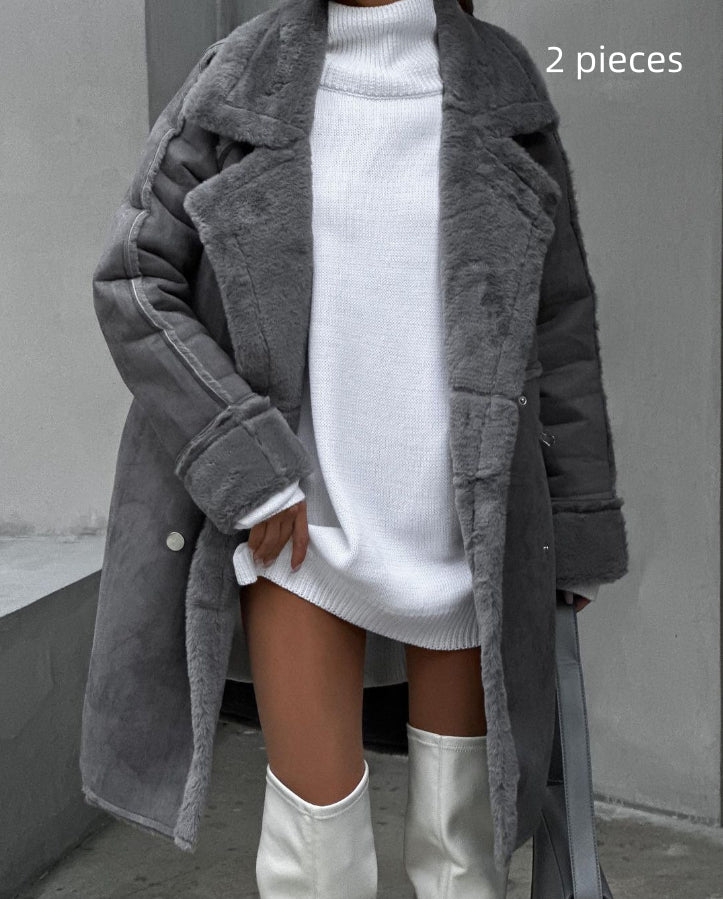 Plush Suede Long Cardigan Coat with Collar