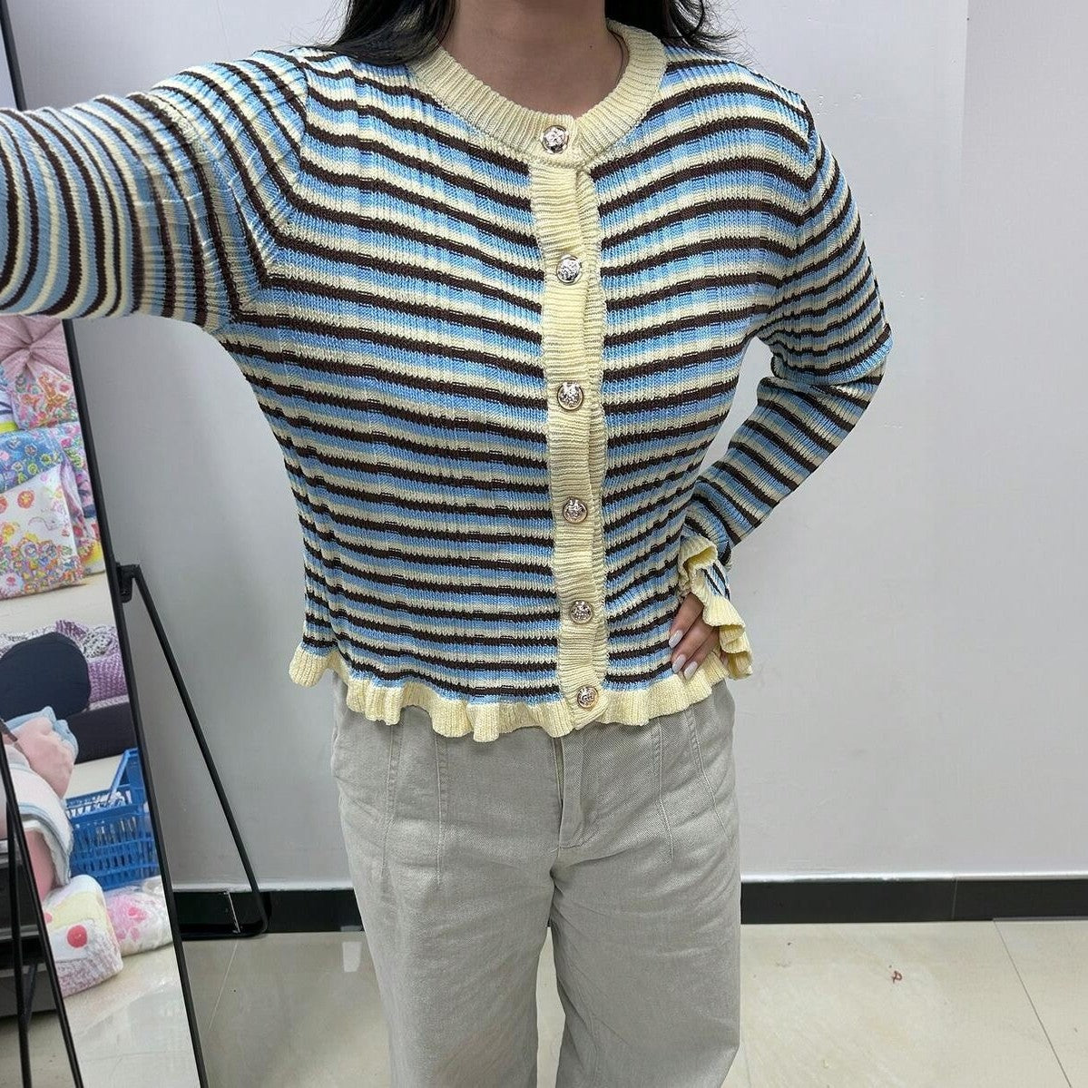 Womens Striped Long-sleeve Cardigan Sweater Top