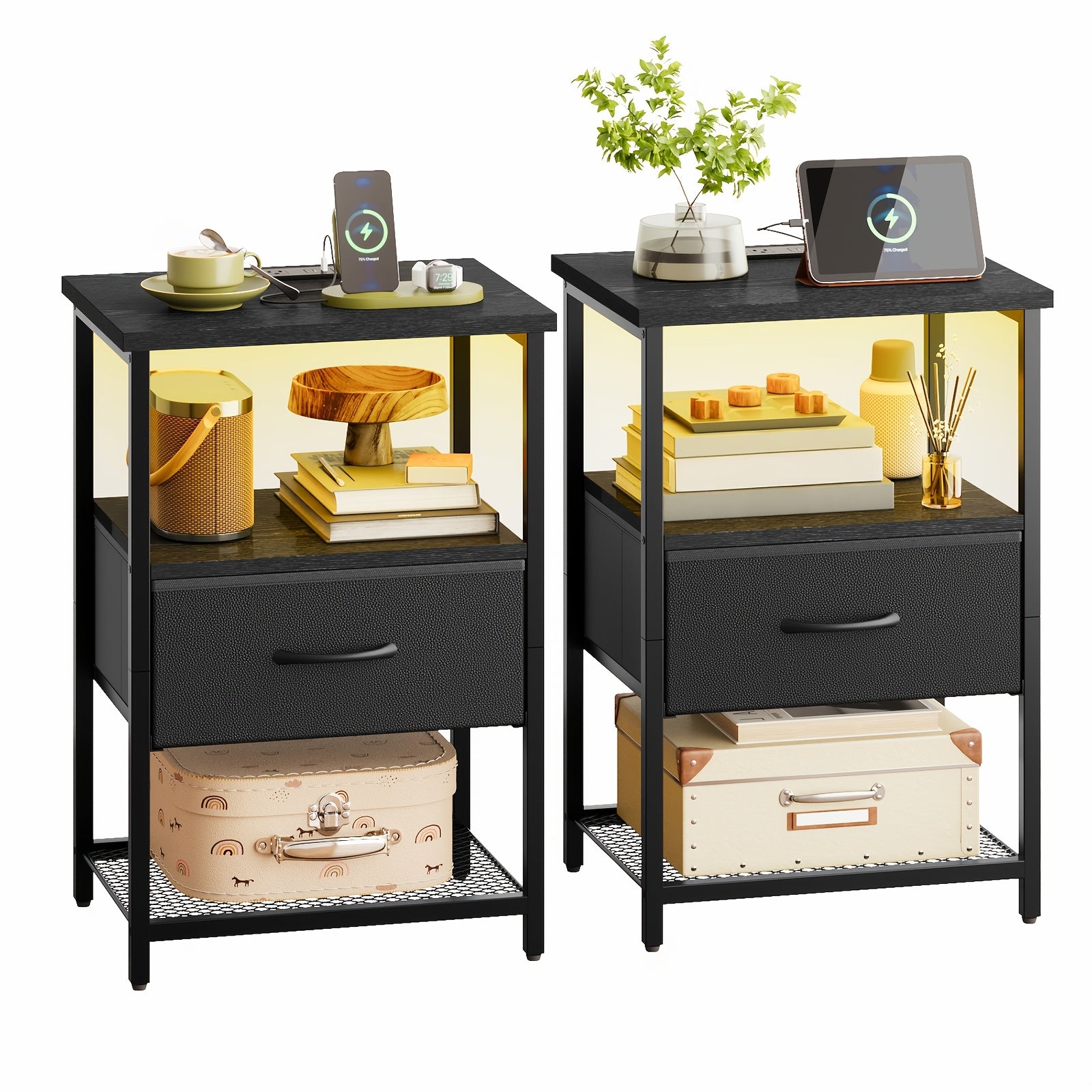 Half‑Size Nightstand with LED Charging Station and Drawer