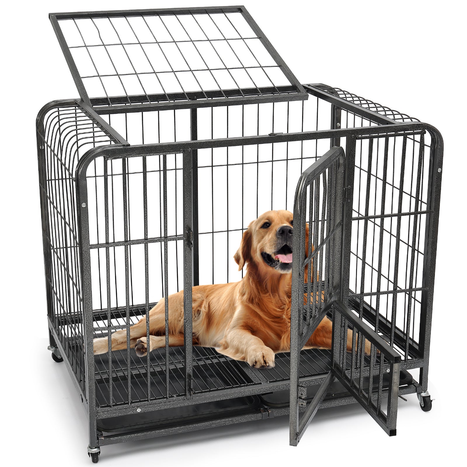 Strong Enough For Your Dog Size 404243 In Medium -large Dog Pet Kennel House Steel Crate Cage W/ Lock Wheel, 3 Doors Opening, Easy Set Up, Outdoor Indoor