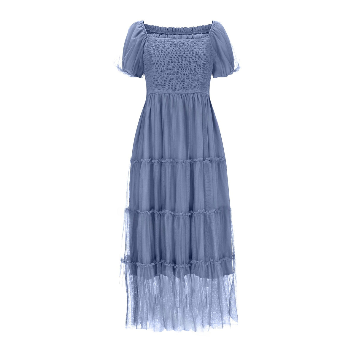Square-neck Ruffled Casual Sheer Long Dress