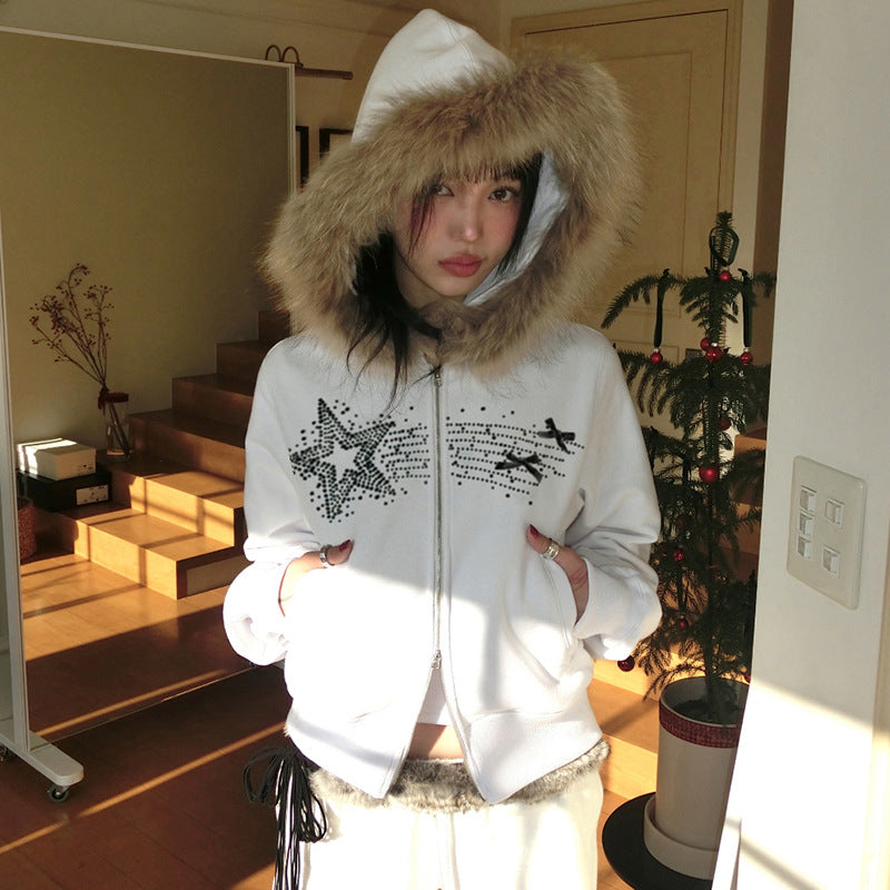 Retro Fur Collar Zip Sweater Cardigan