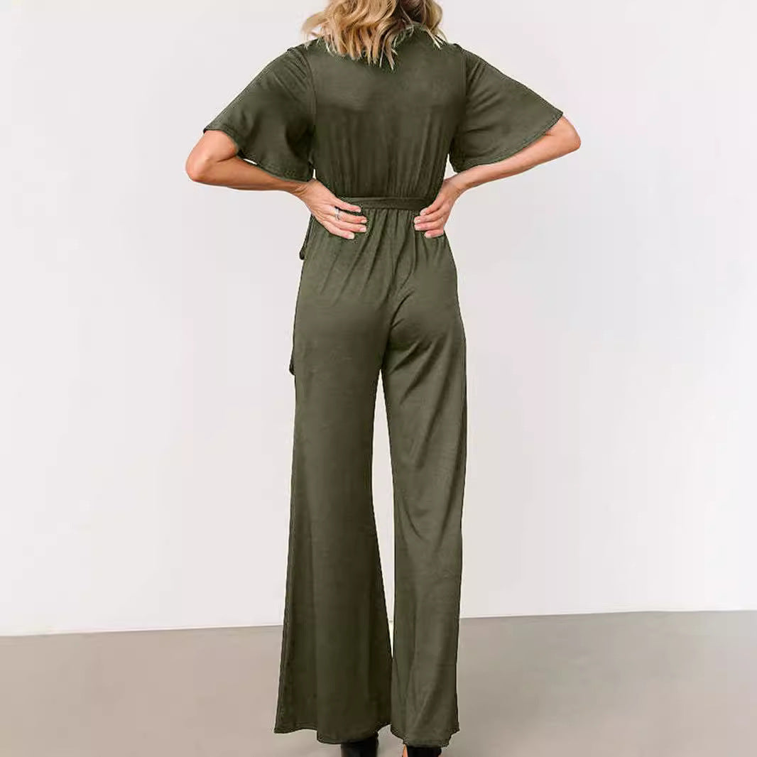 Women's Solid Short Sleeve Belted Casual Jumpsuit