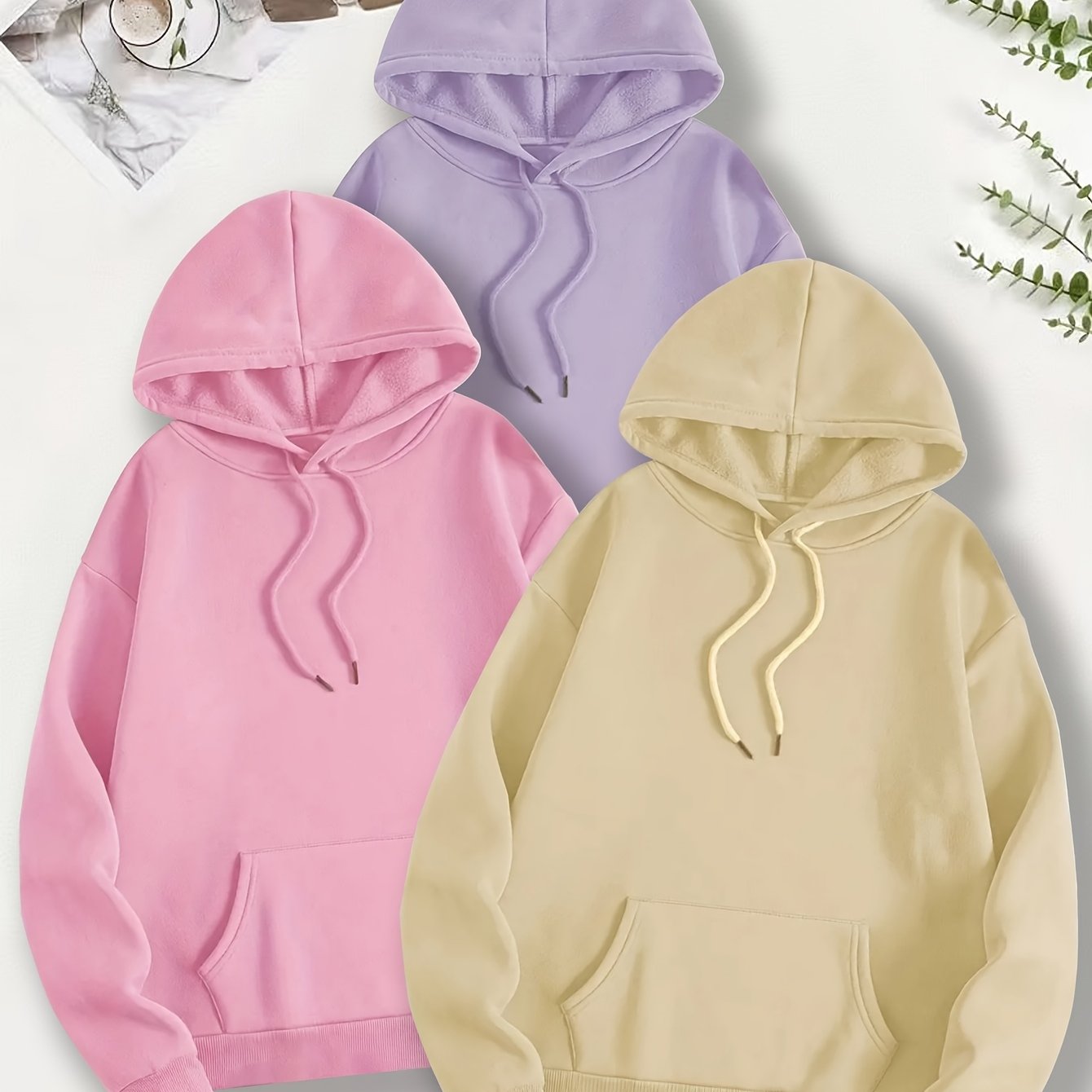 Three-Piece Oversized Solid Color Hooded Sweatshirt Set with Long Sleeves