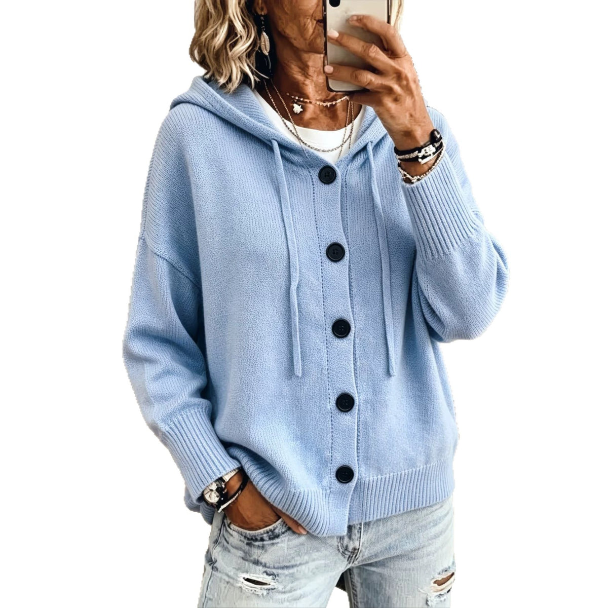 Casual Loose-fit Hooded Cardigan Sweater with Buttons