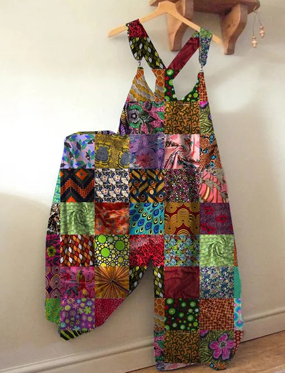 Bohemian Style Colorful Patchwork Overalls Wide-leg Jumpsuit For Women