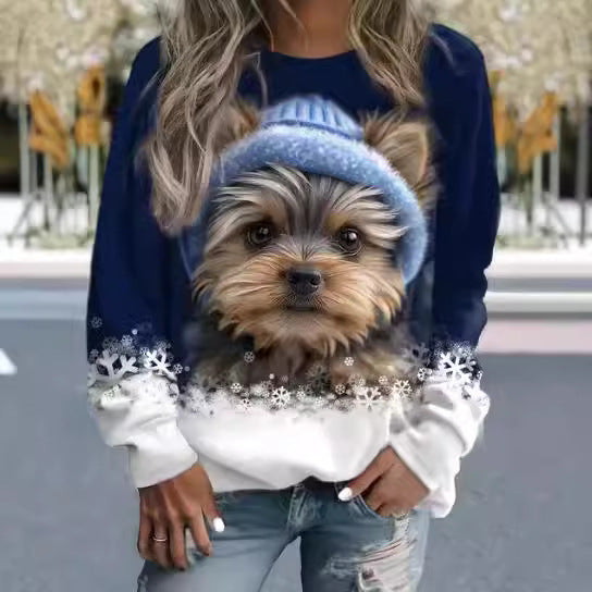 Cute 3D Animal Print Round Neck Casual Sweater