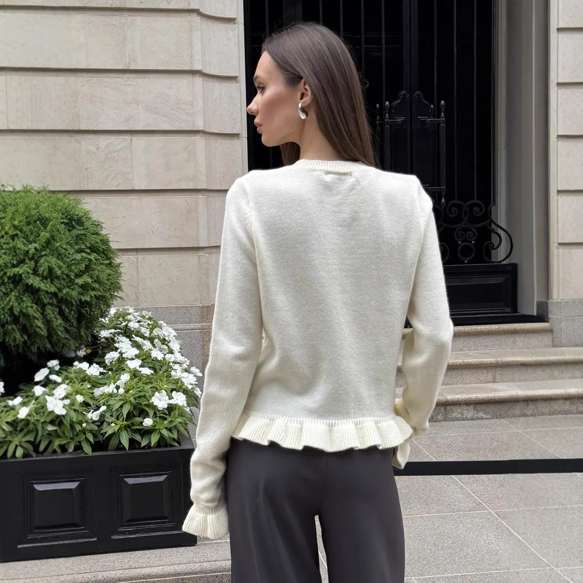 Autumn Winter Long-sleeved Ruffled Knit Cardigan Sweater