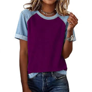 Patchwork Denim-Style Loose Tee – Comfortable Everyday Short Sleeve Top