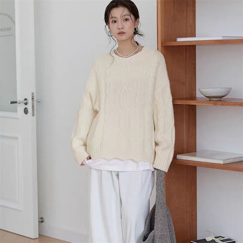 Retro Chunky Knit Cable Patterned Thickened Loose Fitting Short Solid Color Sweater