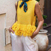 Women's Yellow Tassel Plaid Knit Pullover Top – Street Hipster Style