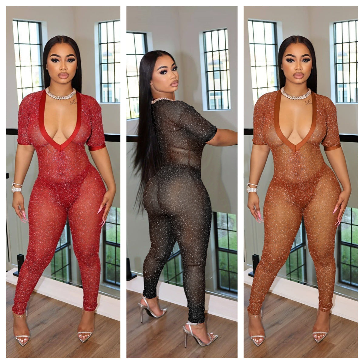 Fashionable Semi-Transparent Wide V-Neck Jumpsuit