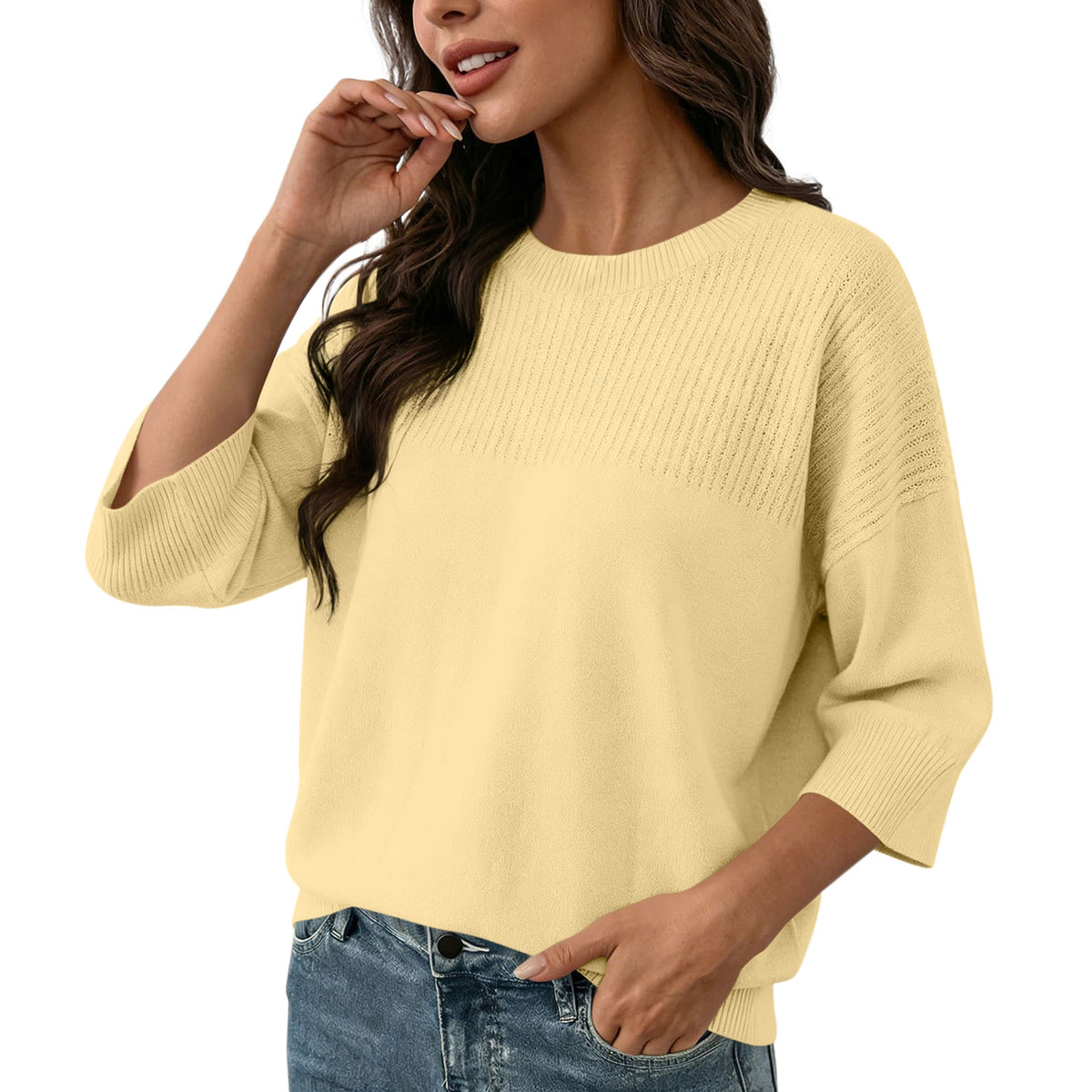 Round Neck Seven Quarter Sleeve Knitted Sweater for Women, Loose Fit and Slim Fit, Slim Fit Pullover Top