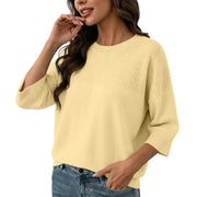 Round Neck Seven Quarter Sleeve Knitted Sweater for Women, Loose Fit and Slim Fit, Slim Fit Pullover Top