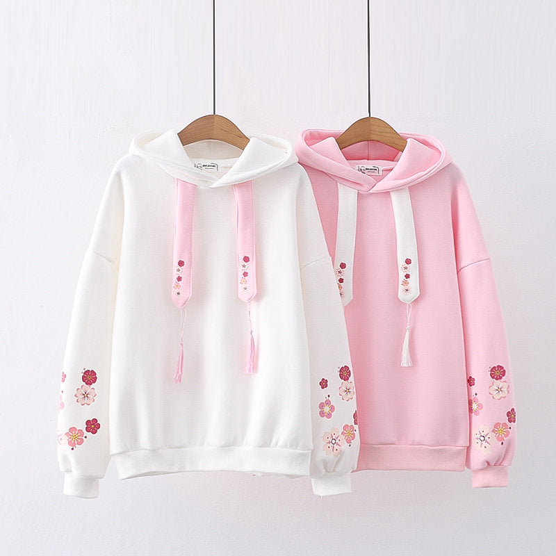 Plum Blossom Print Fleece Hooded Sweatshirt