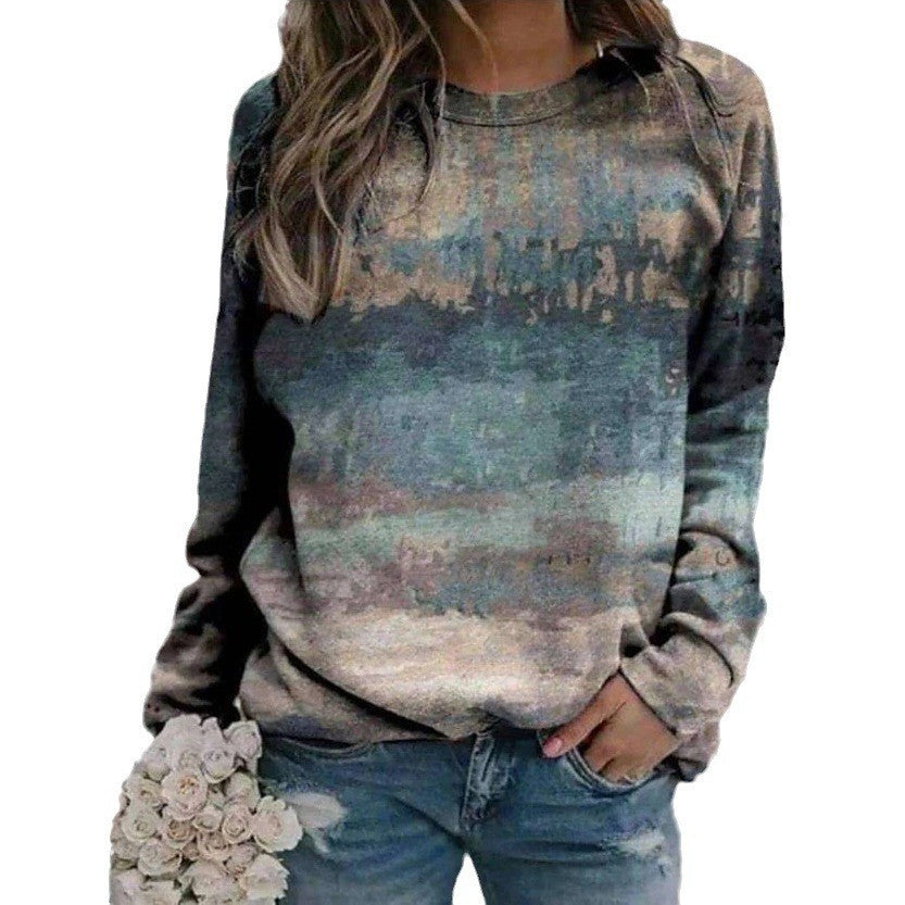 Floral Landscape Print Long Sleeve Streetwear Pullover