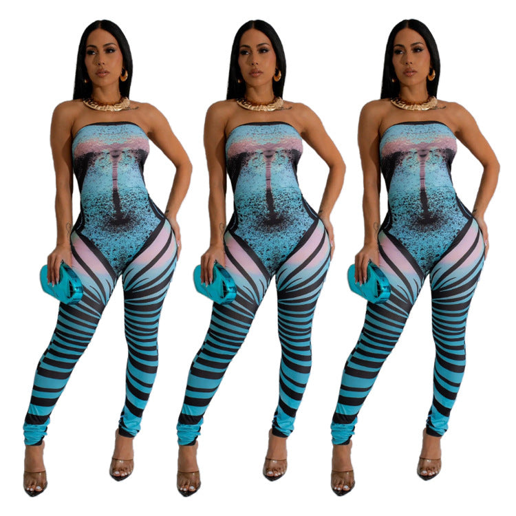 Digital Print Tube Top Jumpsuit Streetwear Romper