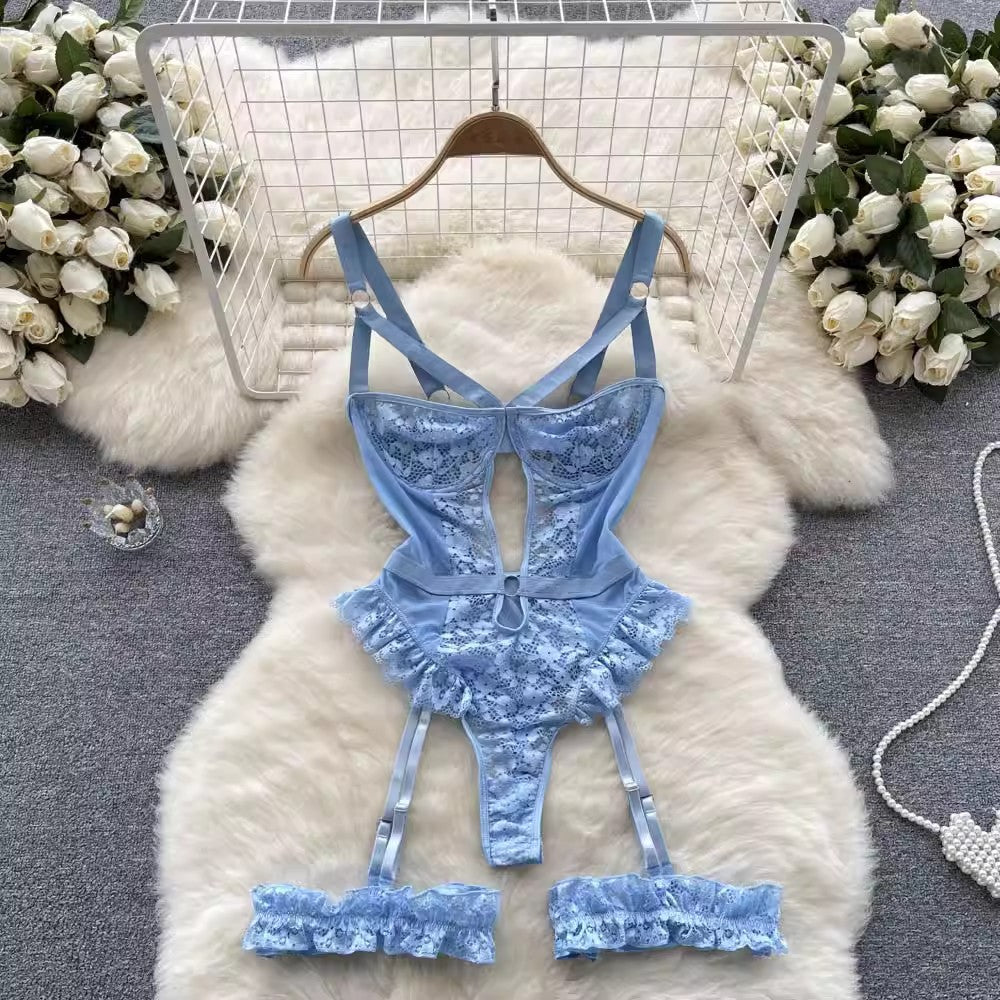 Lace Lace Lace Garter Split See-through Strappy Low-cut Hollow High Fork Jumpsuit