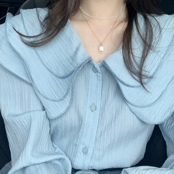 Chic Blue Doll Collar Shirt Design