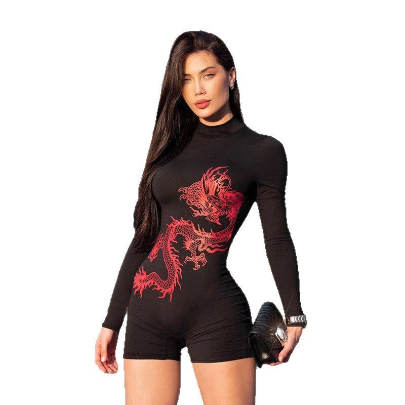 Personalized Dragon Print Mock Turtleneck Slim Jumpsuit