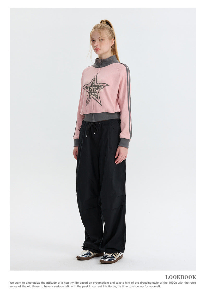 Retro Pink Star Contrast-Trim Cardigan Sweater