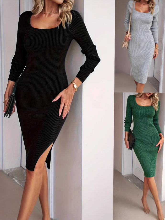 Women's Square Neck Long Sleeve Ribbed Knit Bodycon Midi Dress - Elegant Side Slit Sweater Dress