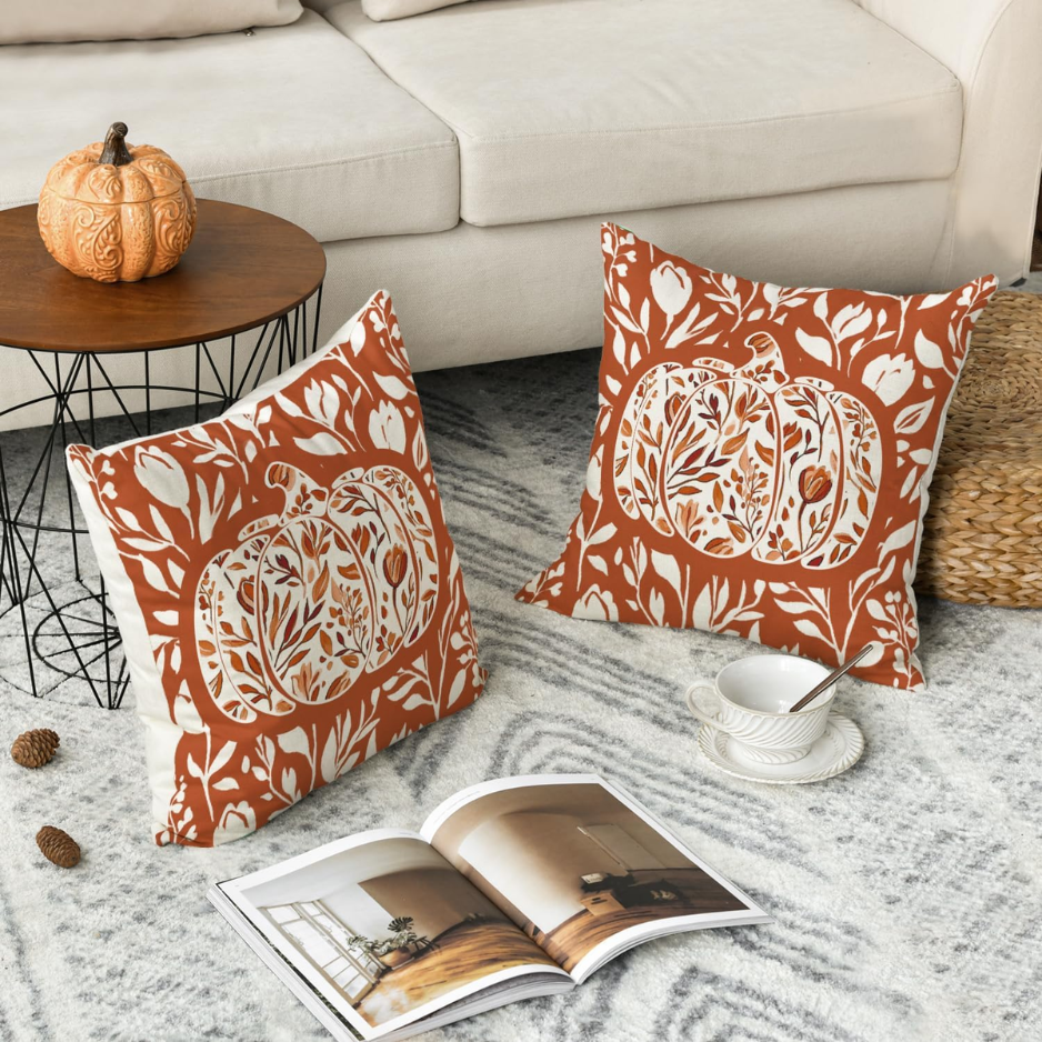 Fall Pumpkin Leaves Rust Pillow Cover 18x18 Inch Set of 2