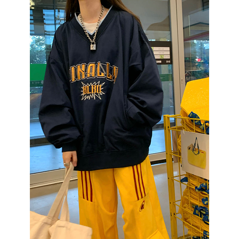 Women's Letter Embroidered V-Neck Pullover Streetwear Hoodie