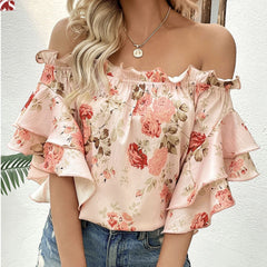 Womens Pullover Off Shoulder Printed Top Shirt