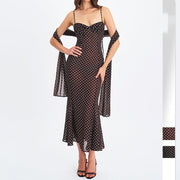 Dress Adorned with a Polka-dot Pattern and Silk Scarf Detailing