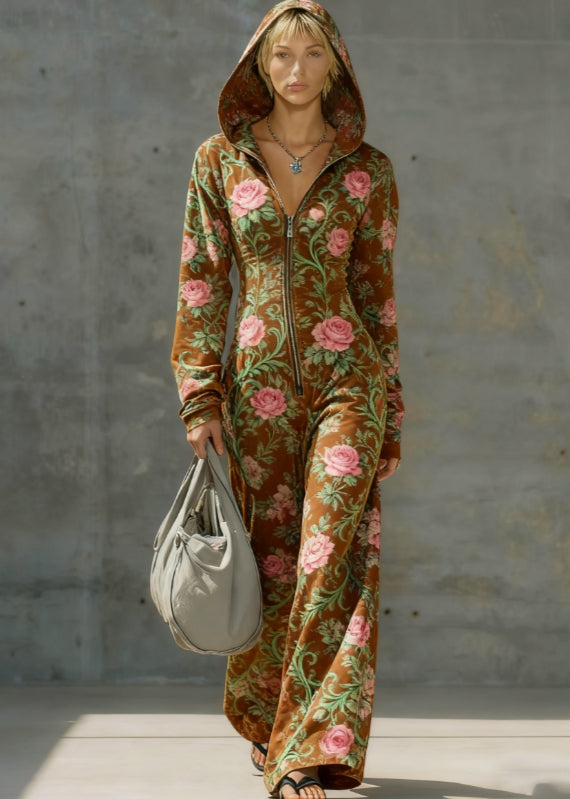 Printed Casual Hooded Zip-Up Slim-Fit Jumpsuit