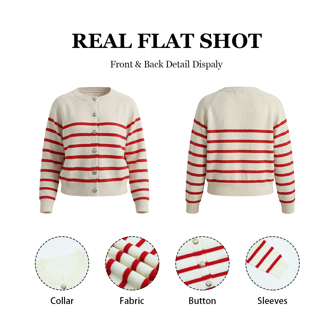 Women's Striped Knit Cardigan Red White Crewneck Button Up Sweater Coat Casual Long Sleeve Knitwear