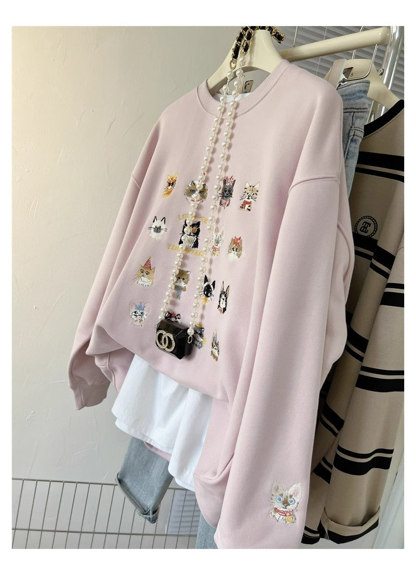 Cute Kitten Embroidered Loose Streetwear Sweater Coat