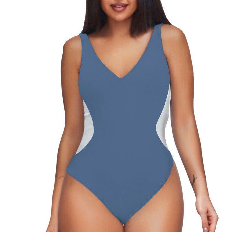 Women's One-piece Deep V Contrast Color Swimsuit
