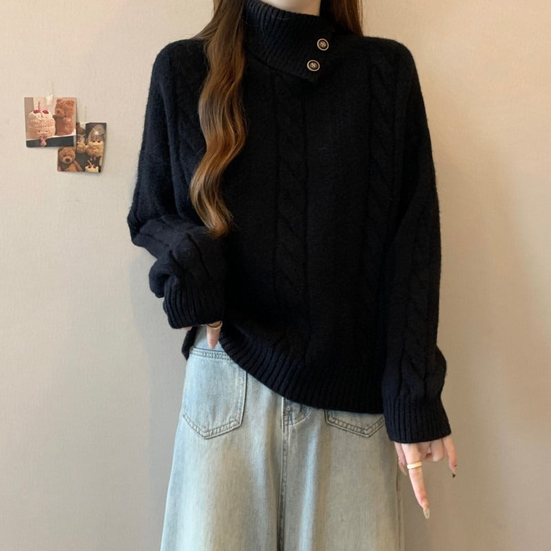 Womens Turtleneck Straight Shoulder Cableknit Sweater