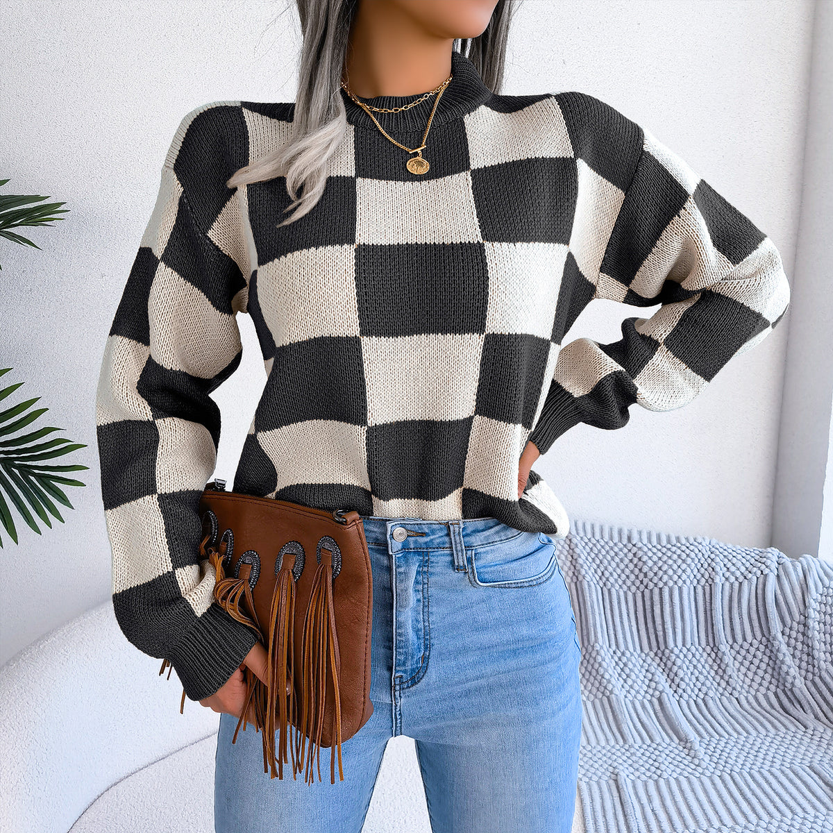 Street Style Color Block Plaid Long Sleeve Pullover Knit Sweater