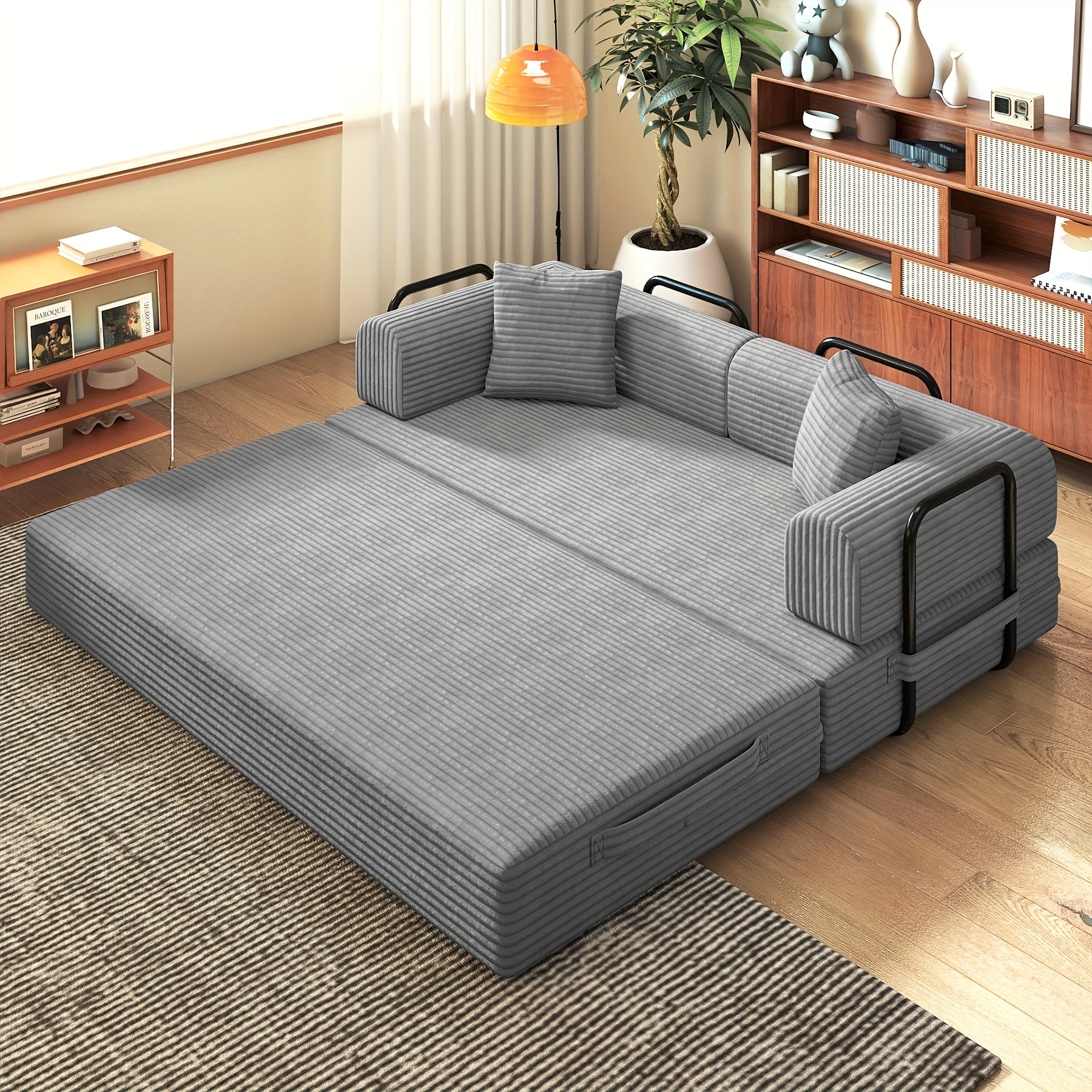 Modular L-shaped chaise longue sofa bed with deep seat and corduroy upholstery