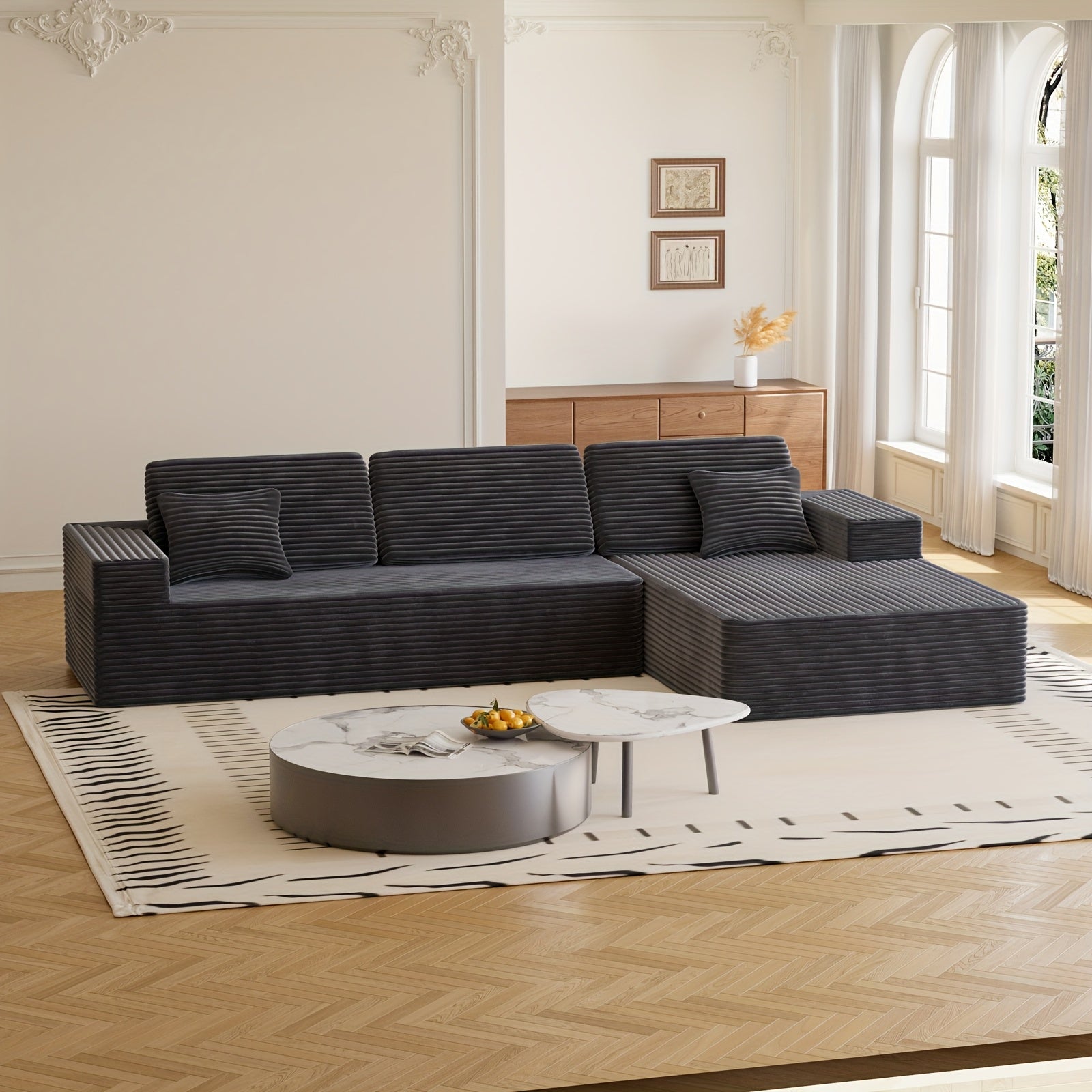 Modular L-shaped chaise longue sofa bed with deep seat and corduroy upholstery