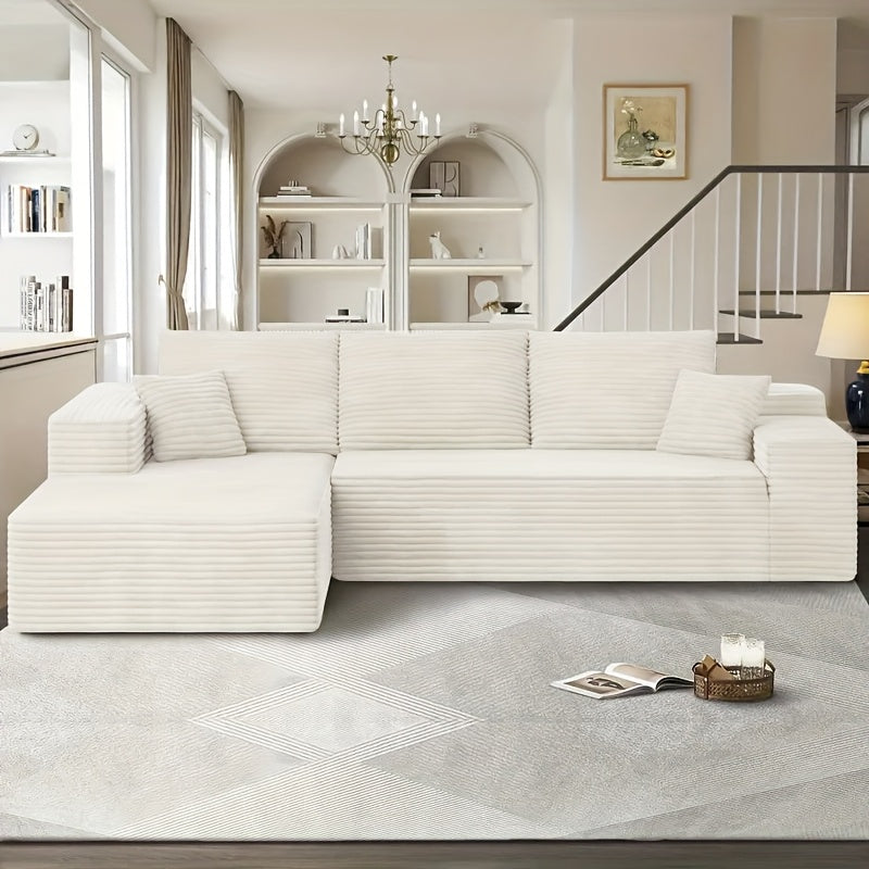Modular L-shaped chaise longue sofa bed with deep seat and corduroy upholstery