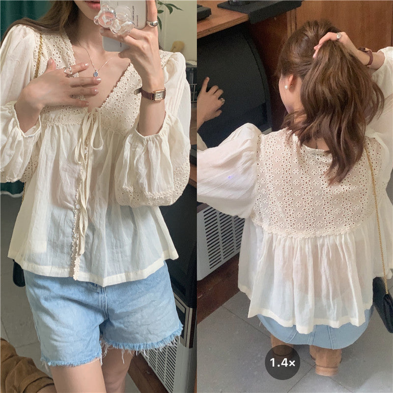 Heavy Industry Lace Stitching Tied Loose Long Sleeve Sun-protection Overshirt
