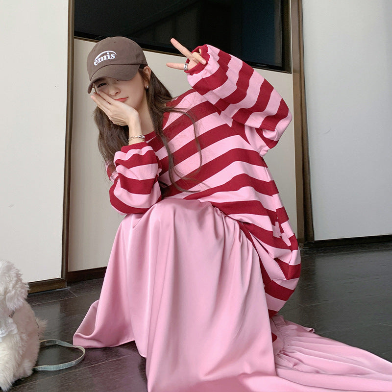 Maternity Striped Patchwork Sweatshirt Dress