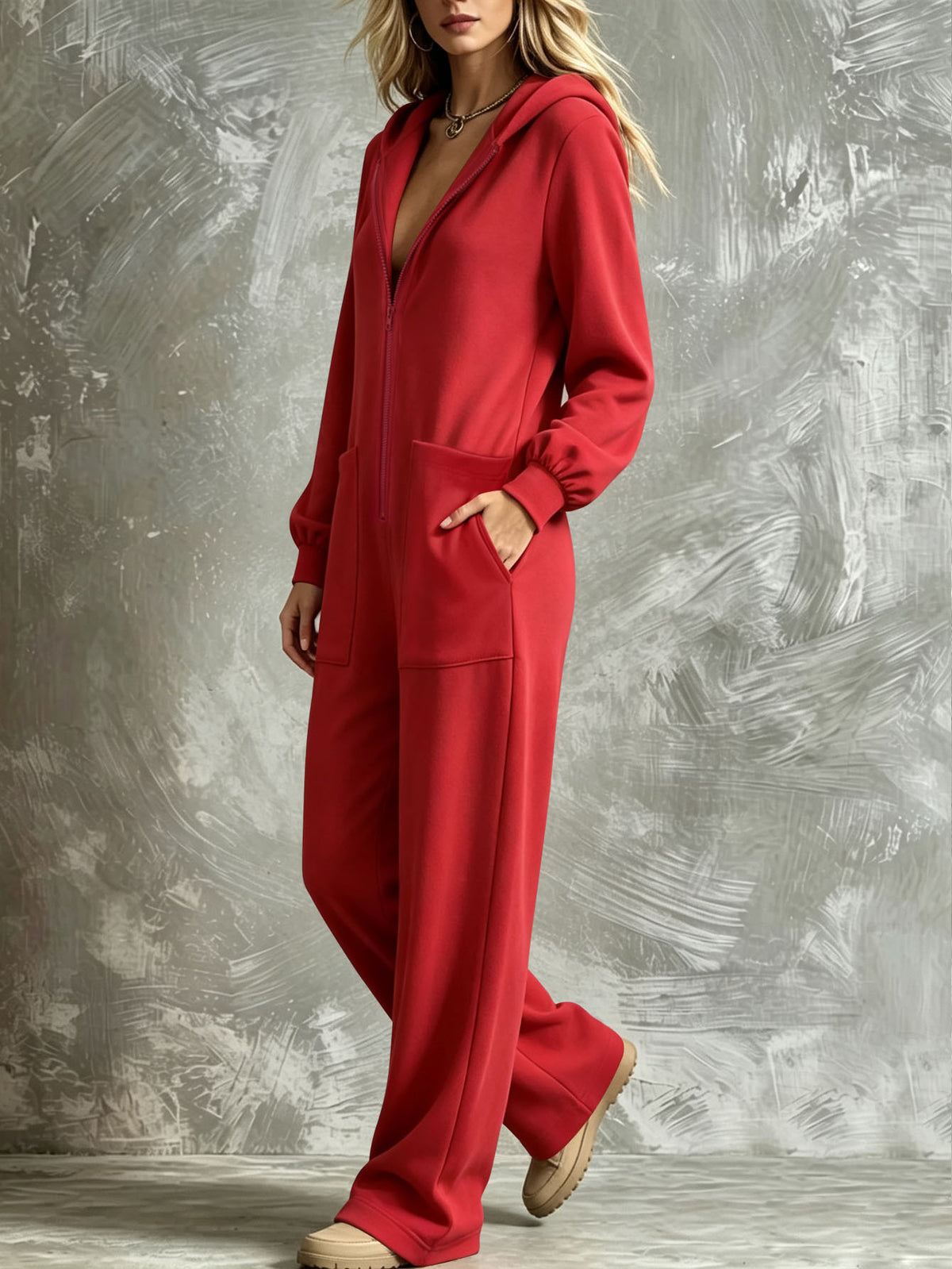 Women's Casual Hooded Full-Zip Wide-Leg Jumpsuit