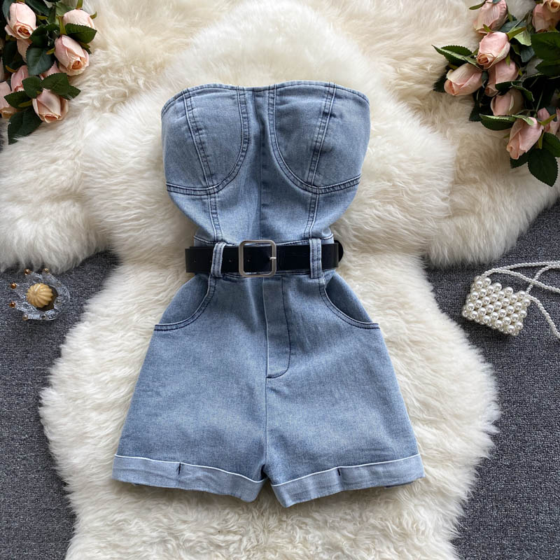 Women's High-Waist Denim Romper Casual Wide-Leg Jumpsuit