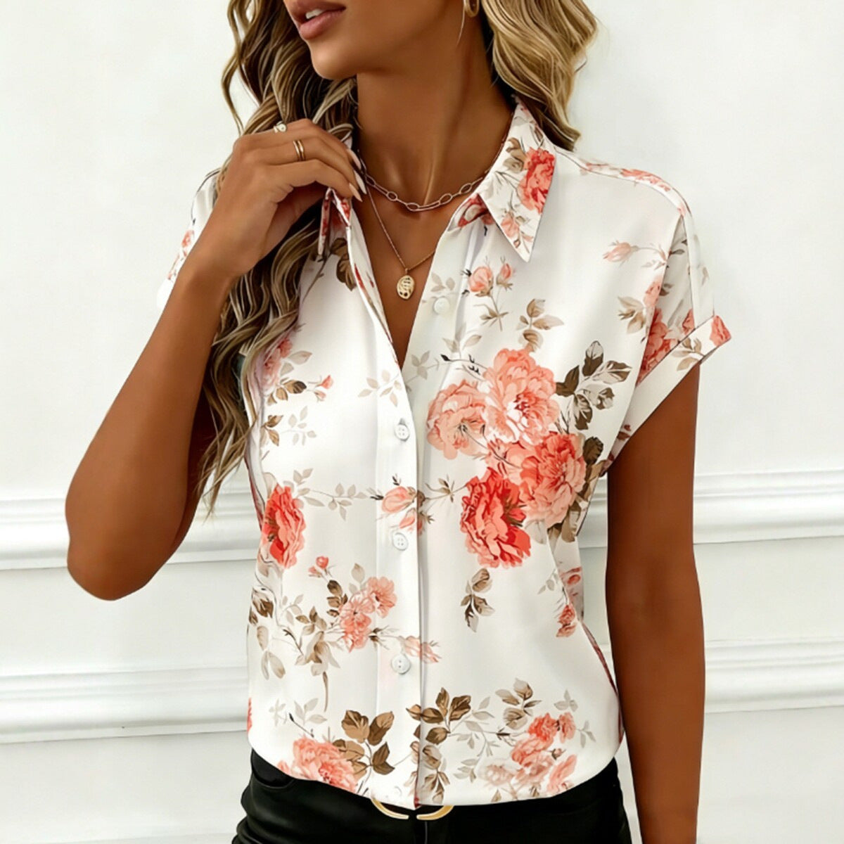 Elegant Casual Floral Print Lapel Womens Shirt Top