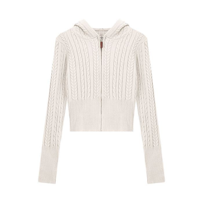 Soft Textured Knitted Hoodie with a Lazy Korean-style Zip-up Design