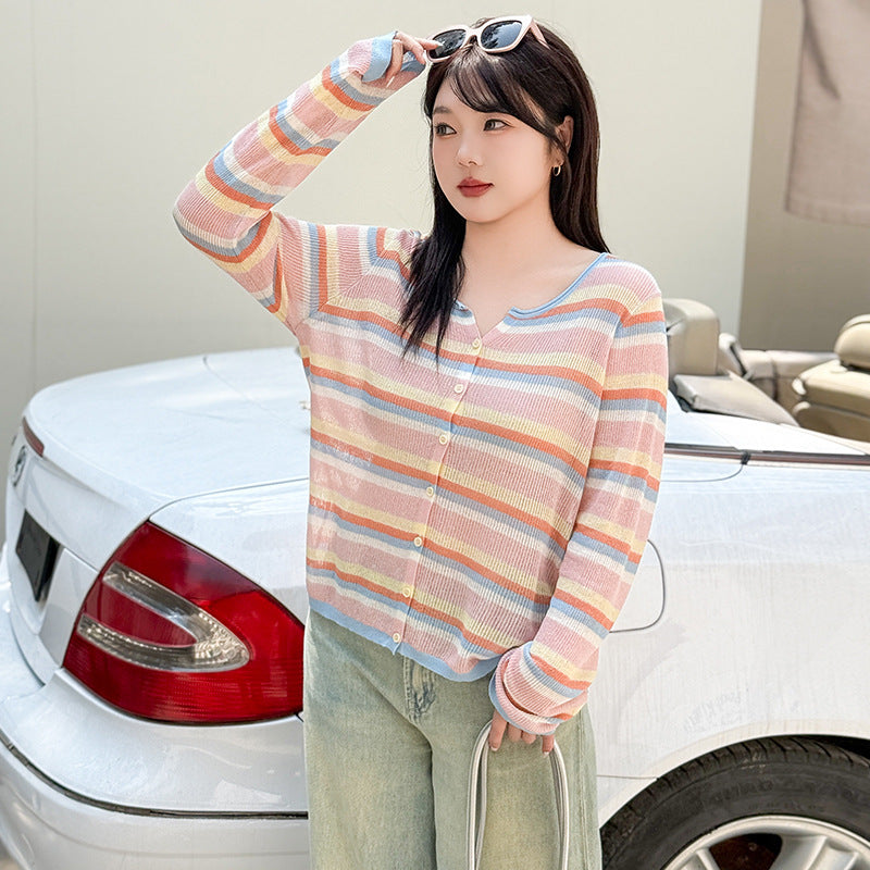 Plus Size Round Neck Color Striped Shirt Women's Thin Top